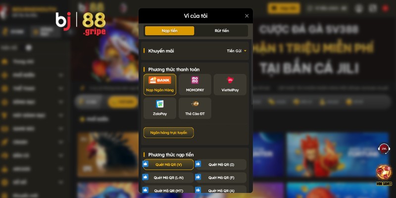 Các phương thức nạp tiền được hỗ trợ tại sân chơi Bj88